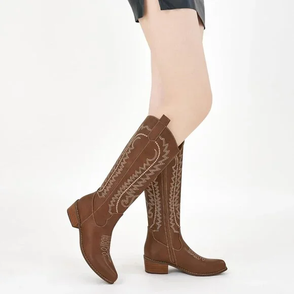 Women's Brown Embroidered Knee High Chunky Heel Pointed Zipper Tall Boots
